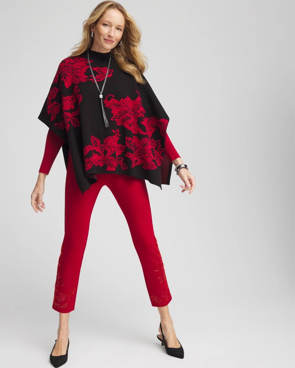 Jacquard Embroidered Mock Neck Poncho