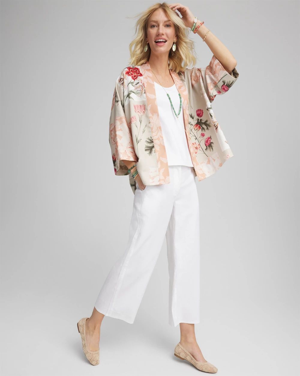 Ribbed Waist Linen Blend Straight-Leg Cropped Pants