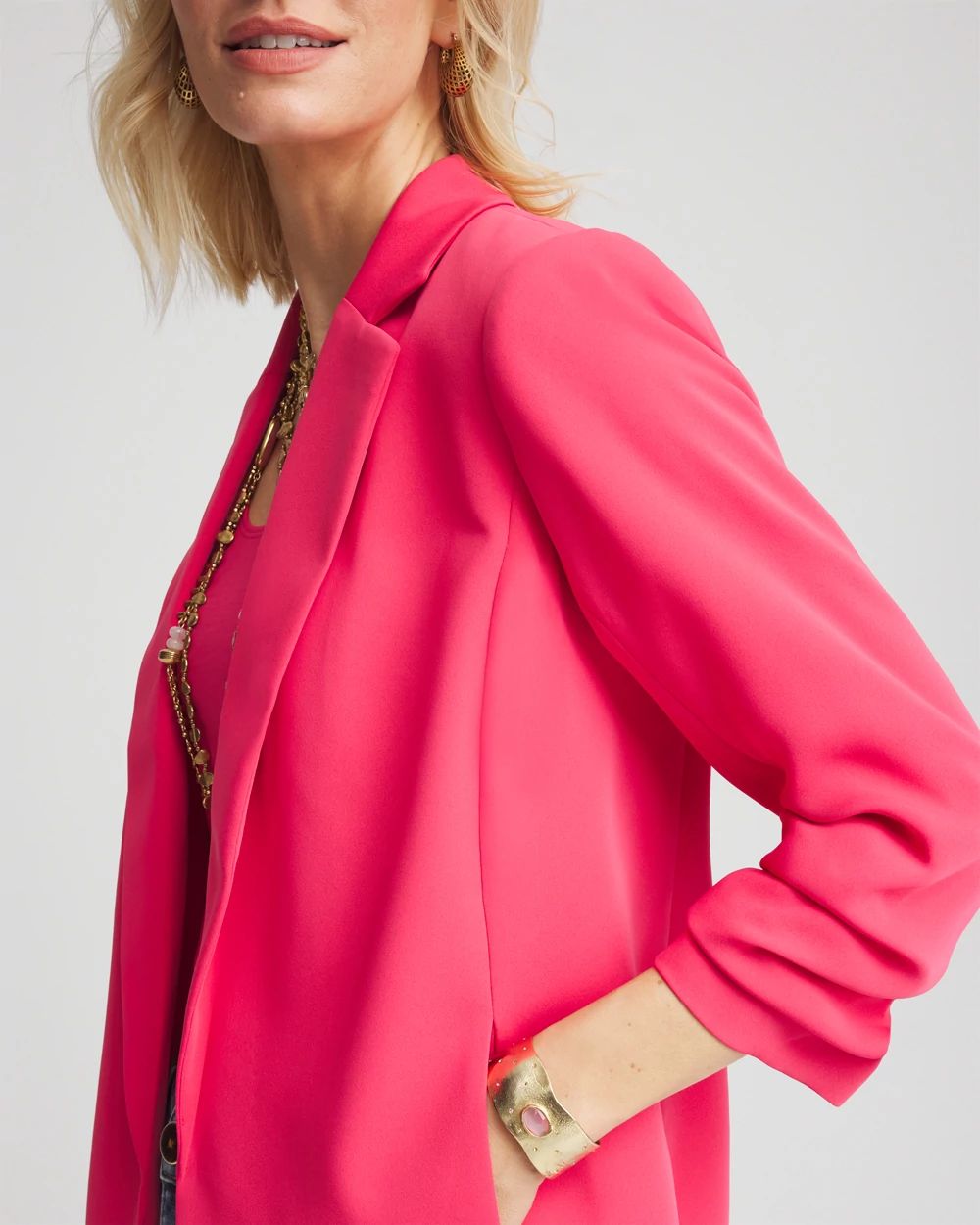 Notched-Lapel Ruched Sleeve Blazer