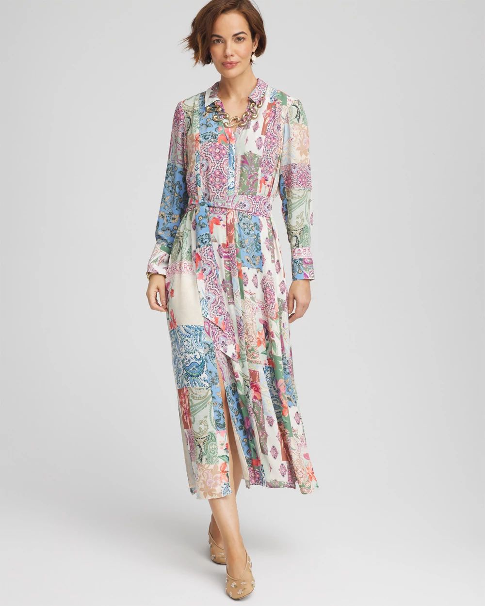 Petite Belted Paisley Patch Maxi Shirtdress