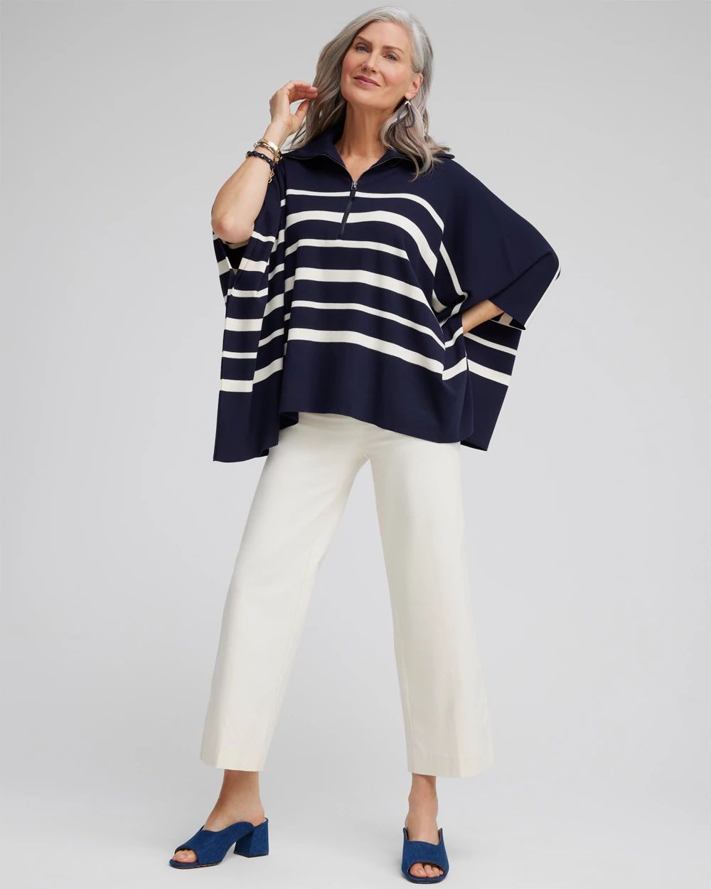 Stripe Zip Collar Sweater Poncho