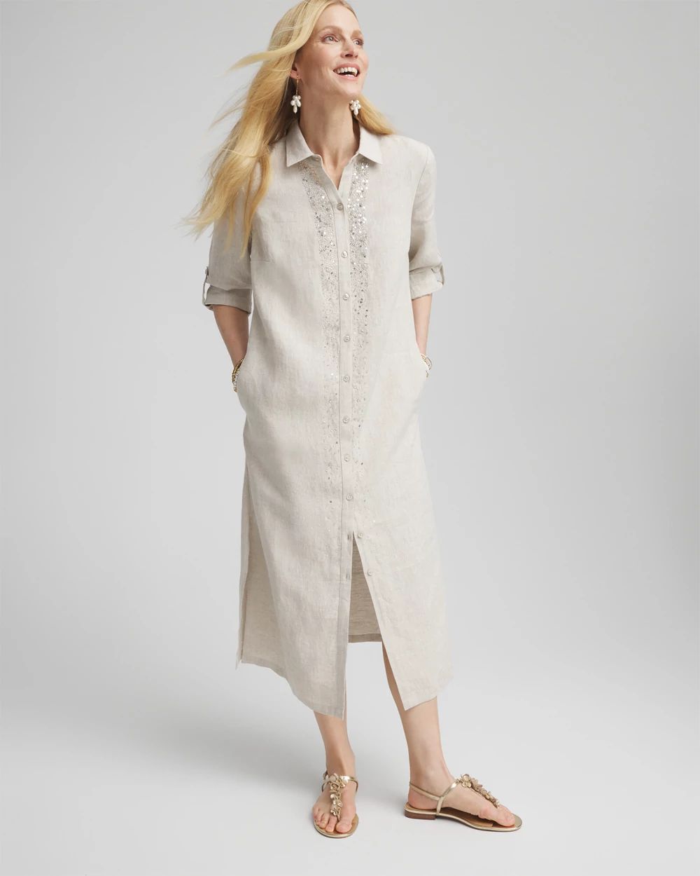 Linen Embellished Midi Shirt Dress