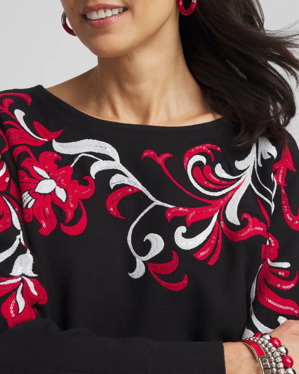 Floral Sequin Dolman Sleeve Sweater