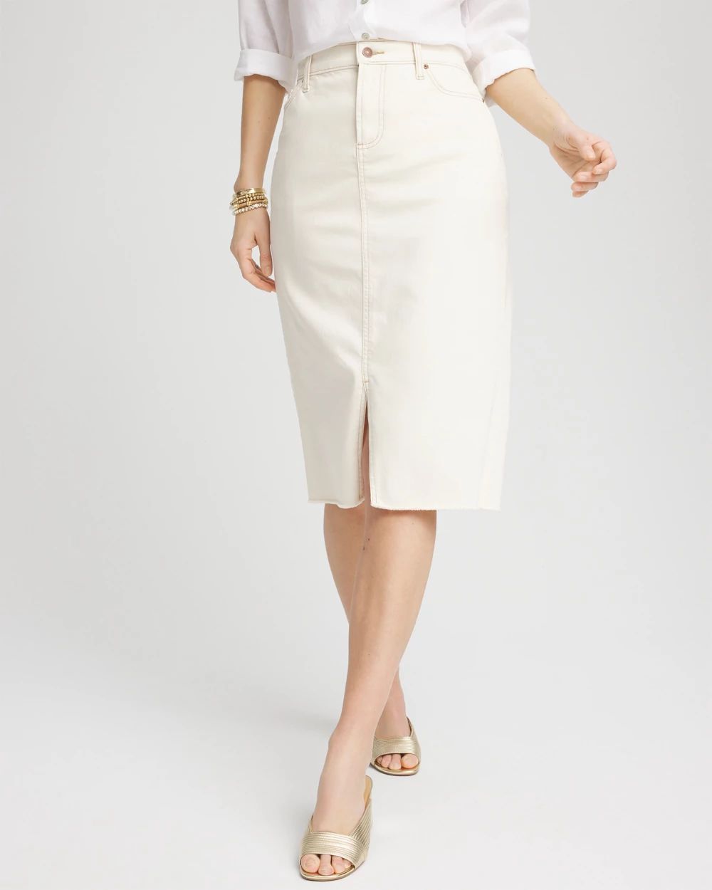 Frayed High-Rise Midi Stretch Denim Skirt