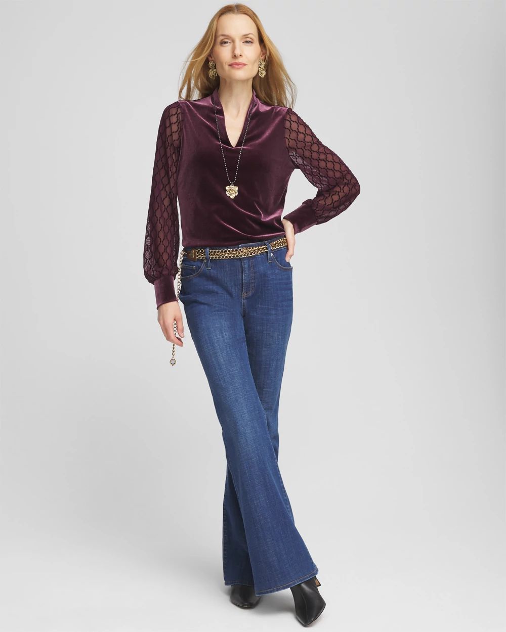 Velvet V-neck Long Sleeve Top