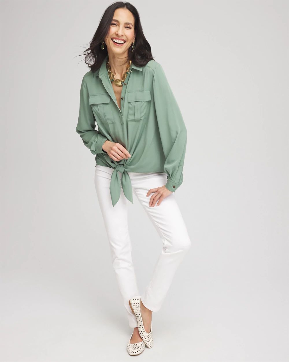 Silk Blend Tie-Front Pullover Top