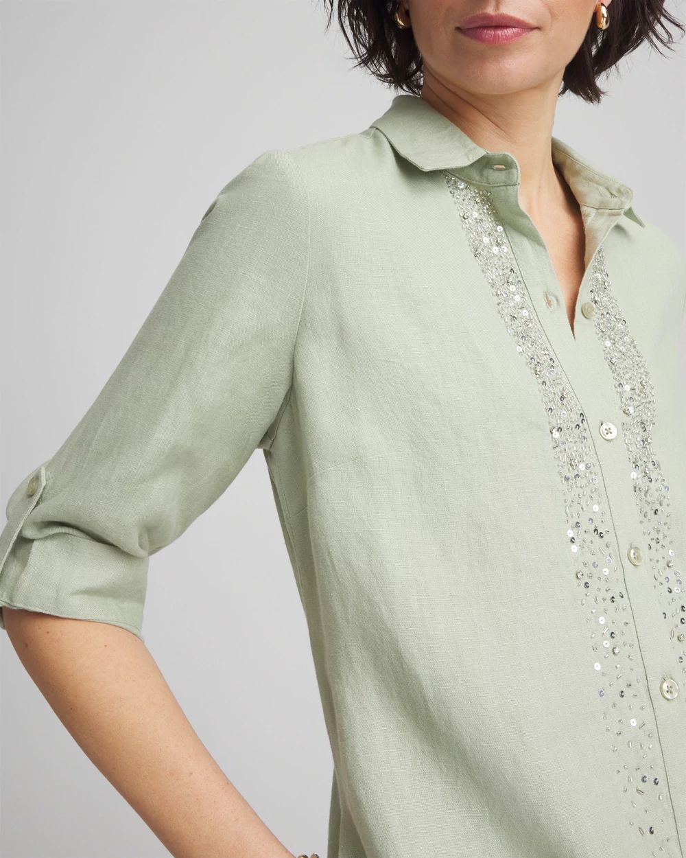Petite Linen Embellished Midi Shirt Dress