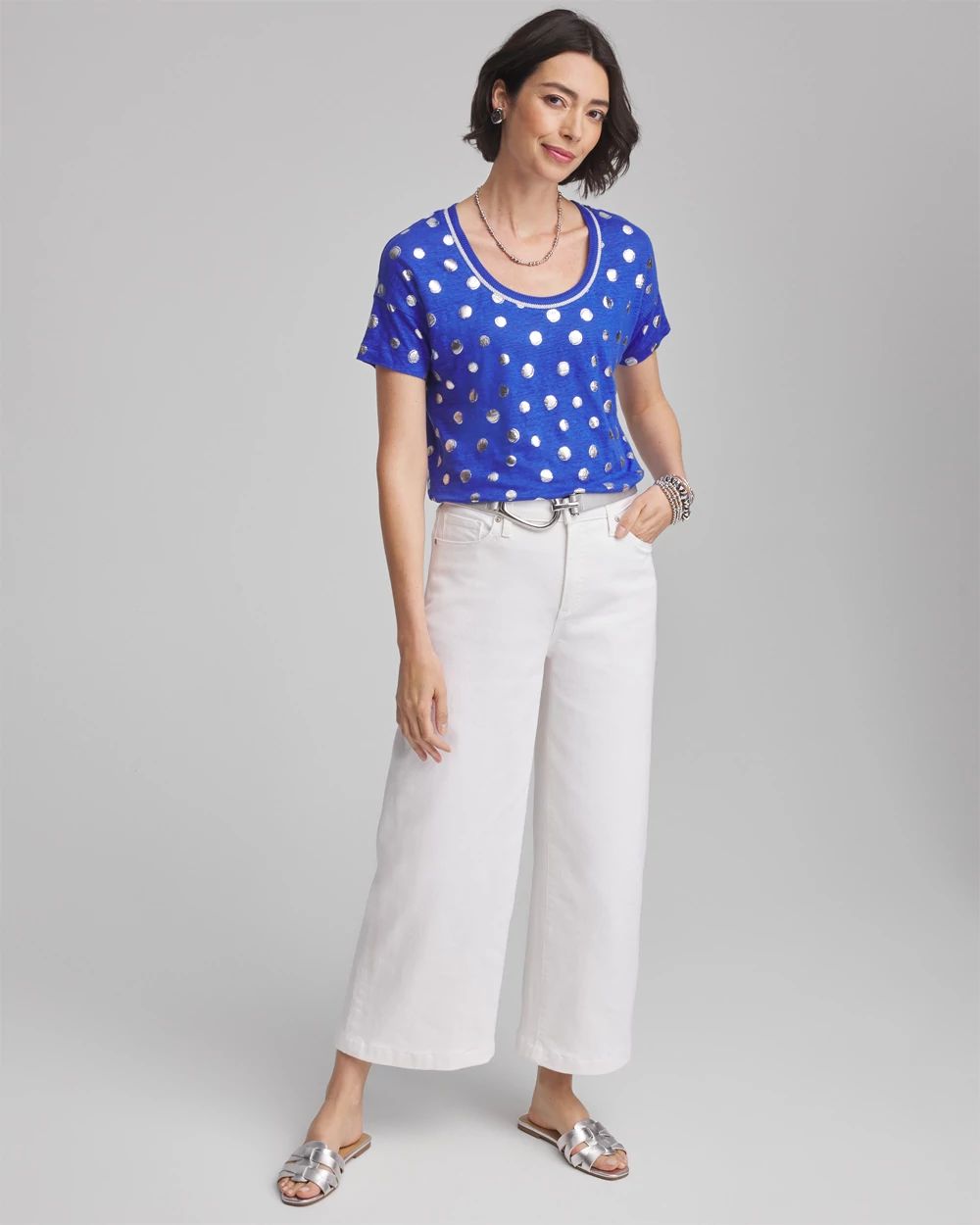 Foiled Polka-Dot Sweater-Trim Linen Tee
