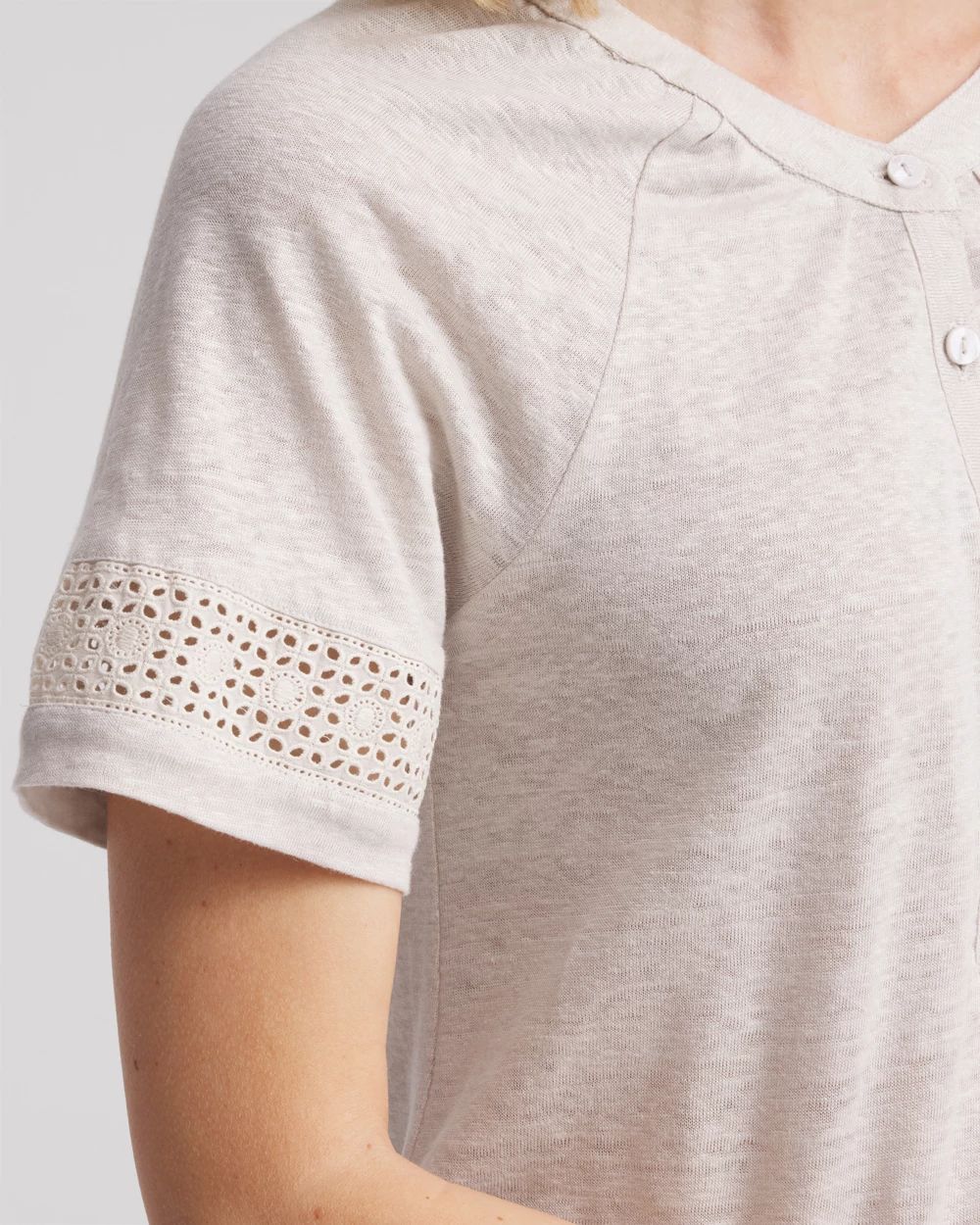 Linen Lace-Cutwork Sleeve Henley Tee