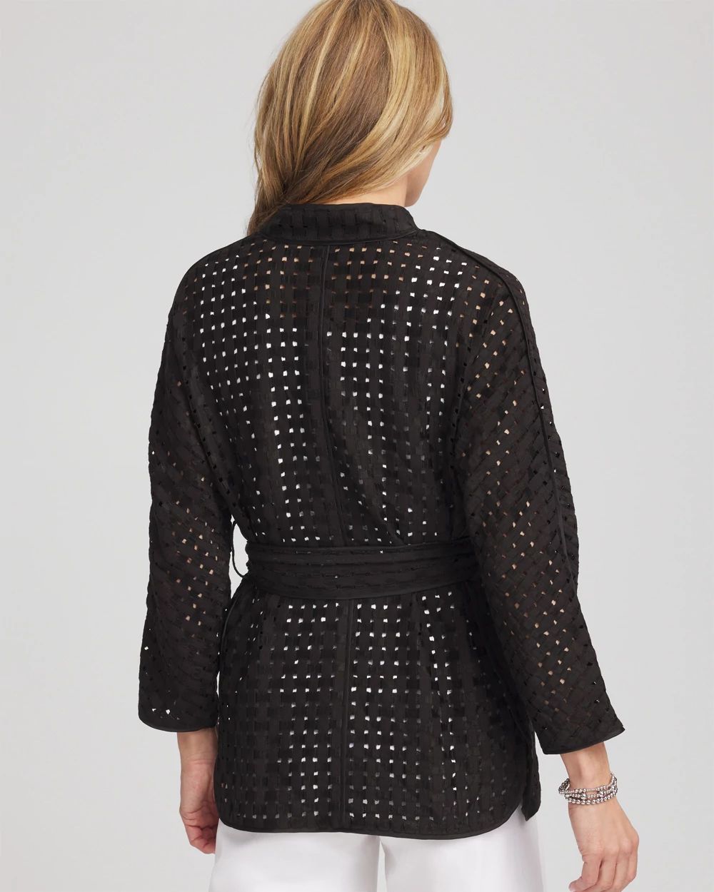 Open-Stitch Tie-Front Kimono Jacket