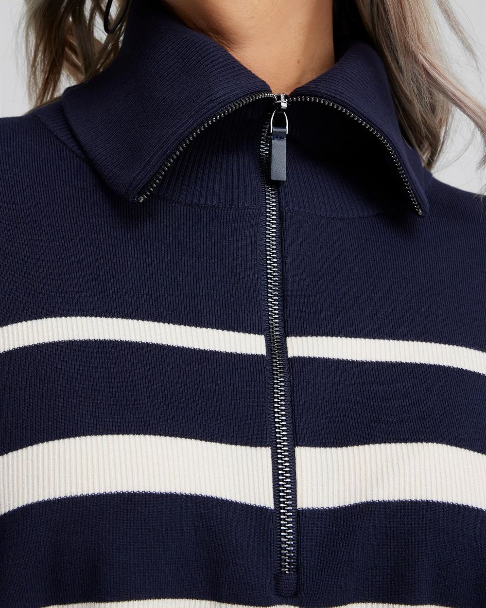 Stripe Zip Collar Sweater Poncho
