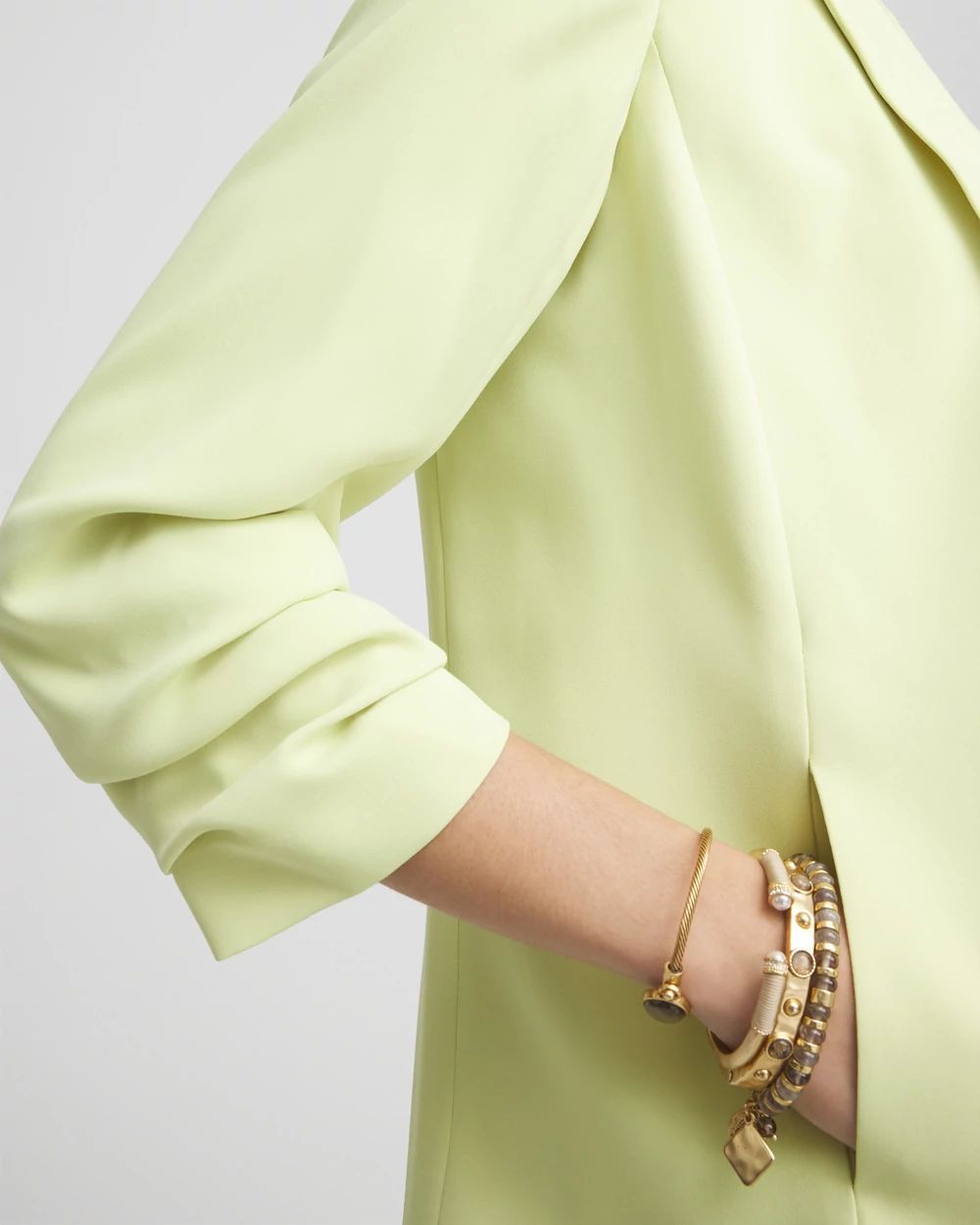 Notched-Lapel Ruched Sleeve Blazer