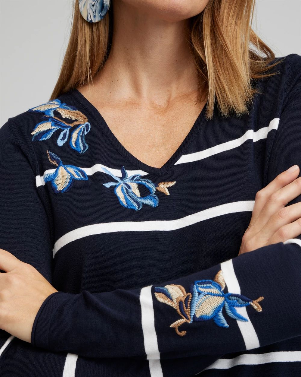 Spun Rayon Stripe V-neck Pullover
