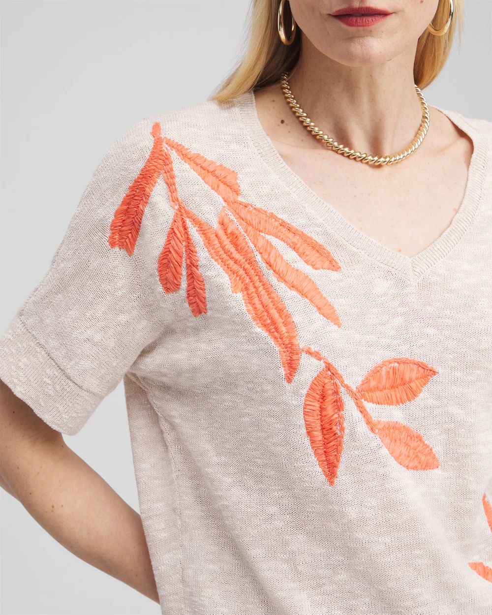 Linen Blend Embroidered Pullover Sweater