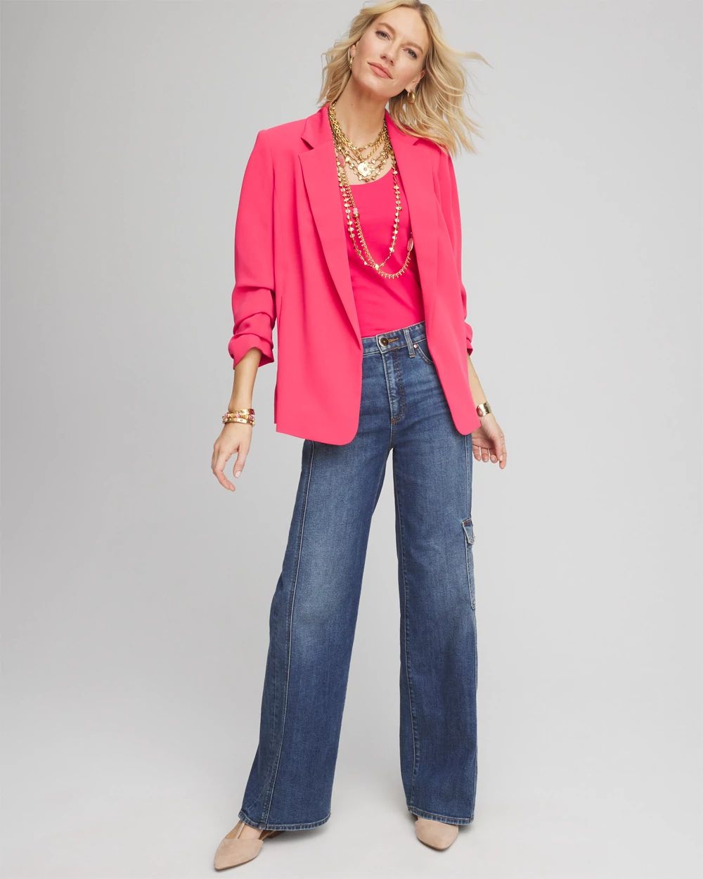 Notched-Lapel Ruched Sleeve Blazer