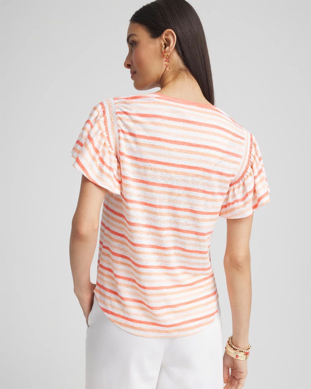 Striped Linen Smocked Flutter-Sleeved Tee