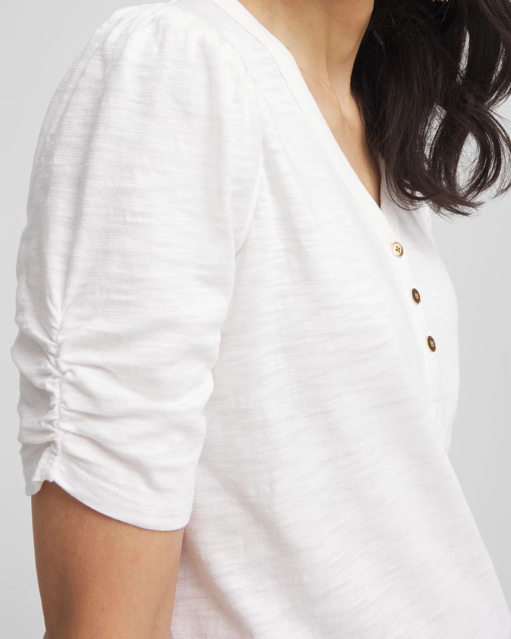 Shirred-Sleeve Henley Tee