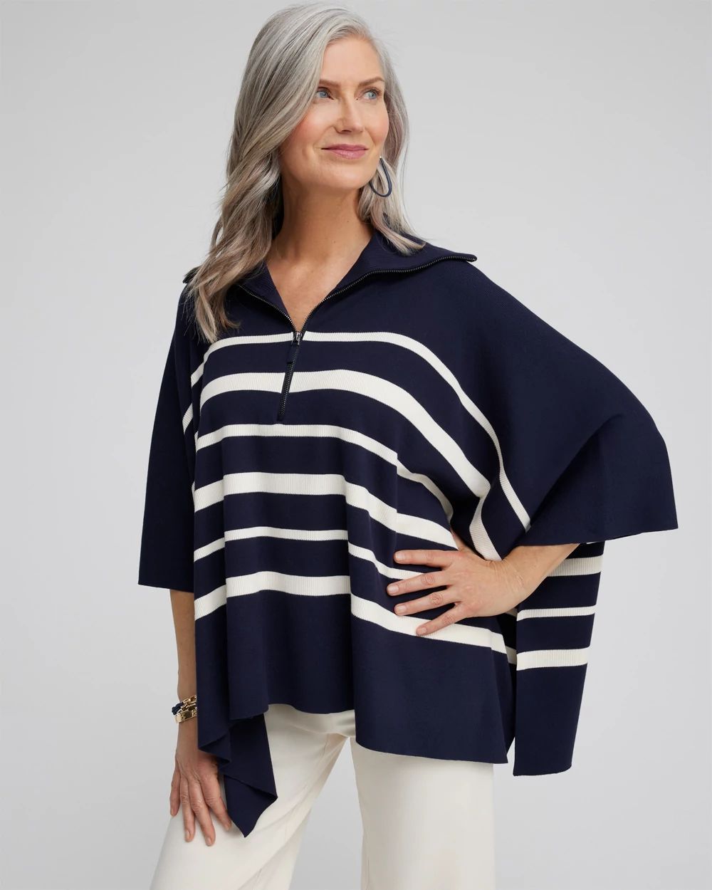 Stripe Zip Collar Sweater Poncho