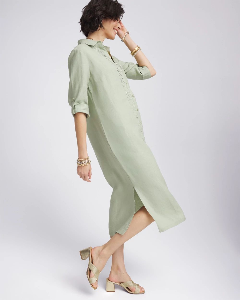 Petite Linen Embellished Midi Shirt Dress