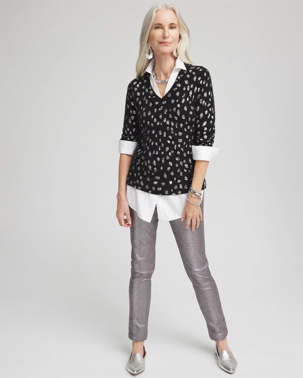 Foil Spotted Built-In Shirt Knit Sweater