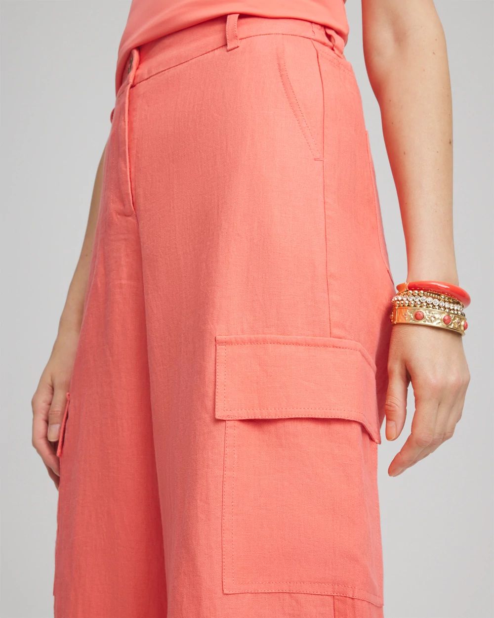 Linen Cargo Wide-Leg Cropped Pants