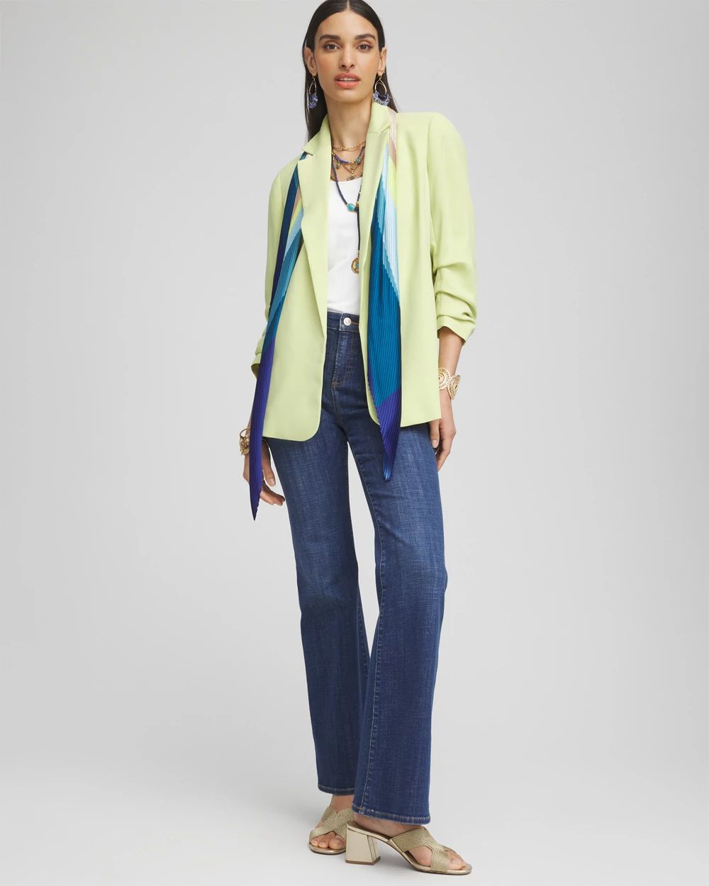 Notched-Lapel Ruched Sleeve Blazer