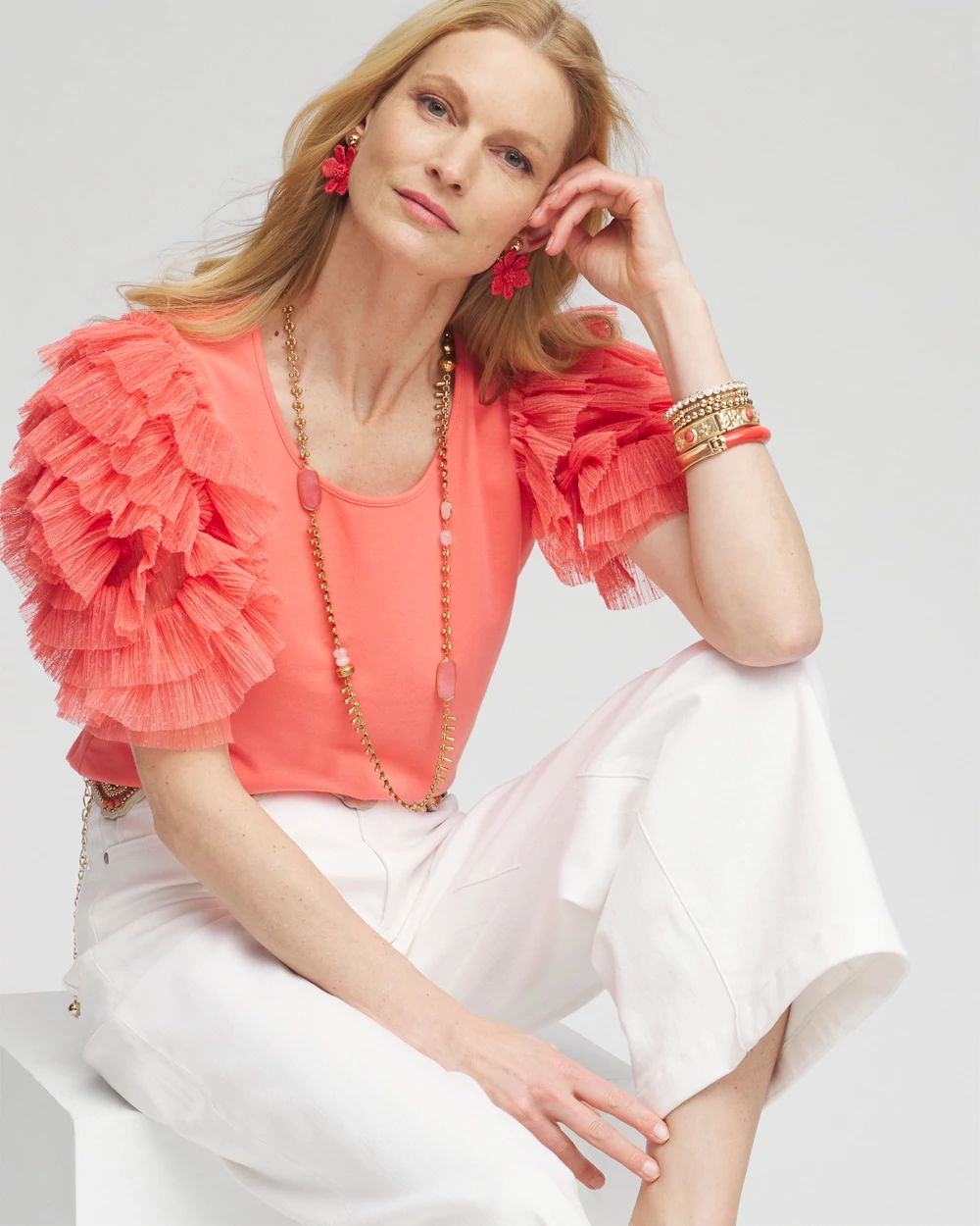 Pleated Tulle-Sleeve Top