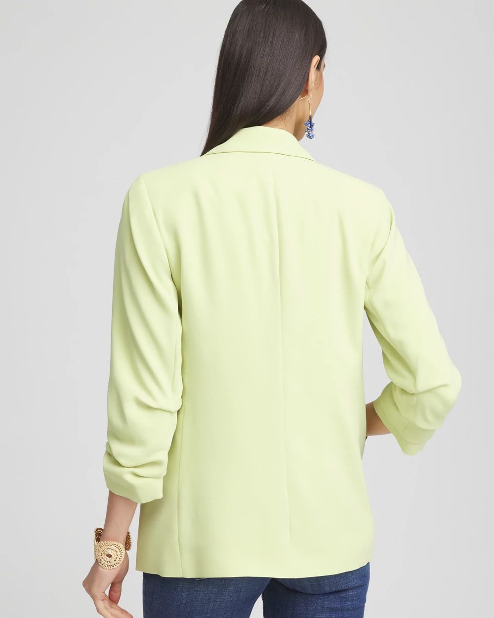 Notched-Lapel Ruched Sleeve Blazer