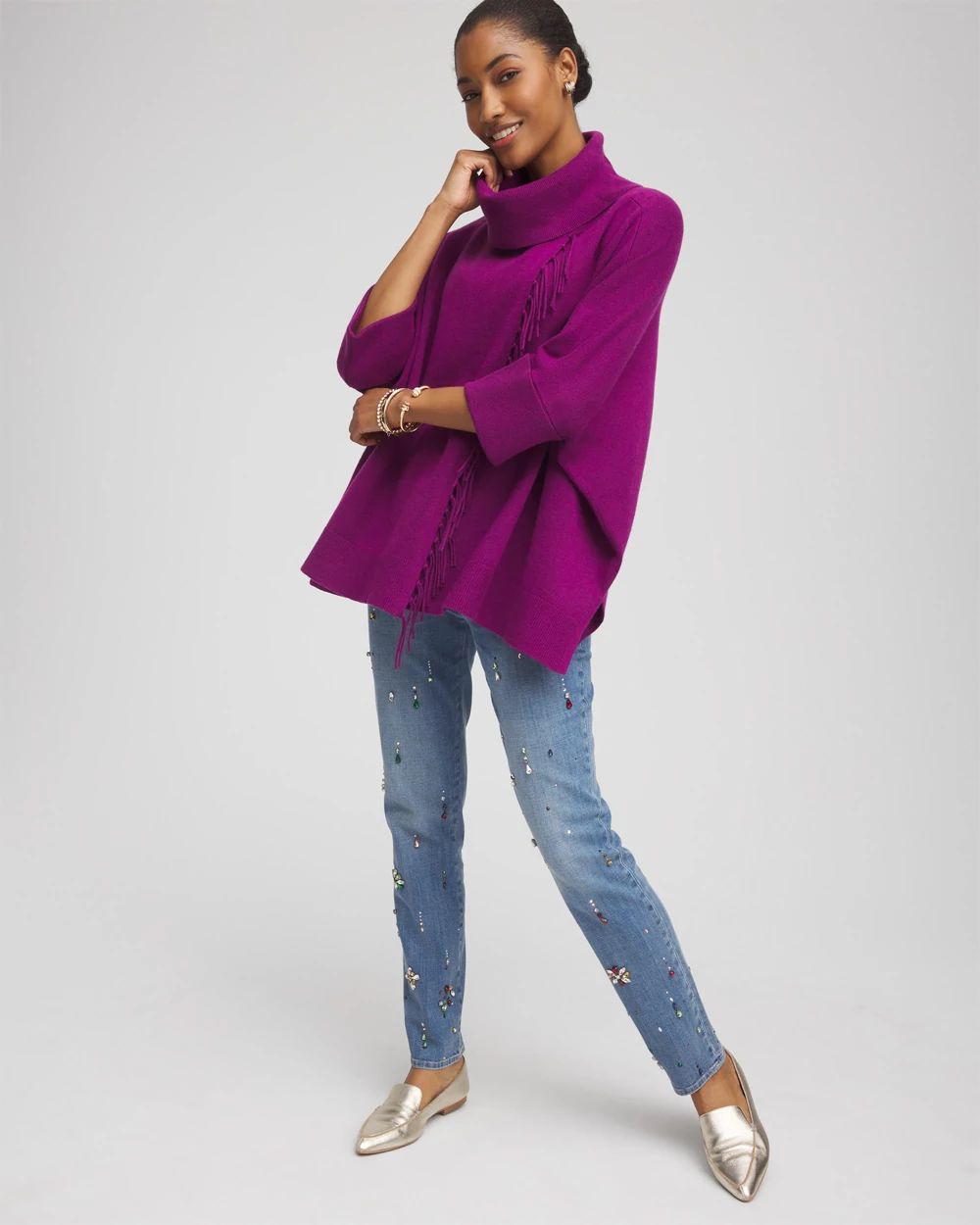 Cowl Neck Fringe Cashmere Blend Poncho