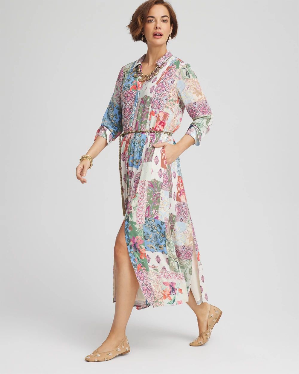 Petite Belted Paisley Patch Maxi Shirtdress