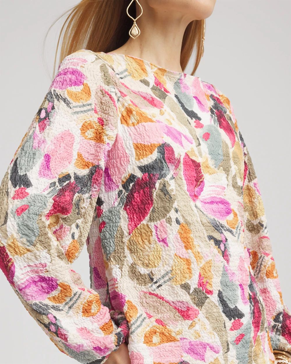 Jacquard Smocked Boatneck Top