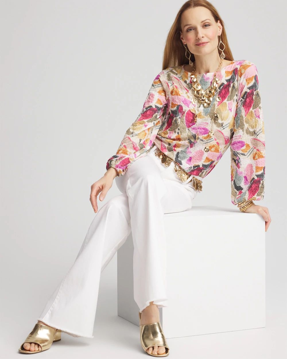 Jacquard Smocked Boatneck Top